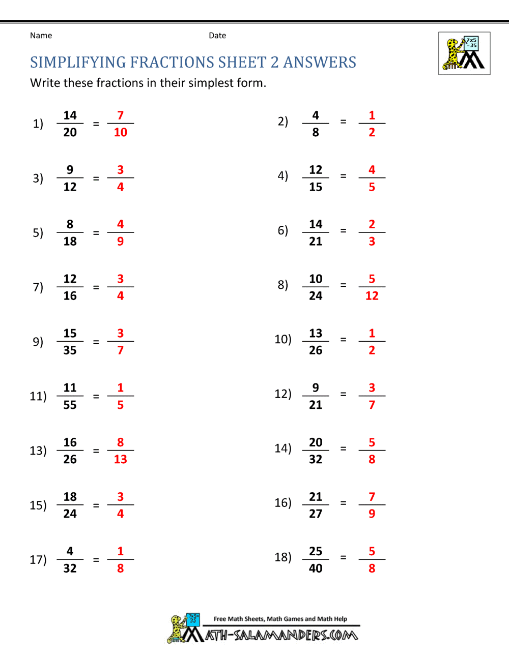 Simplifying Fractions Worksheet