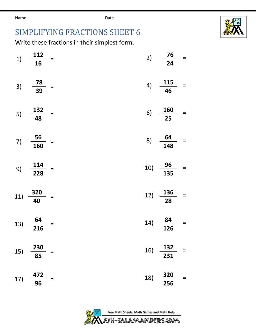 Simplifying Fractions Worksheet