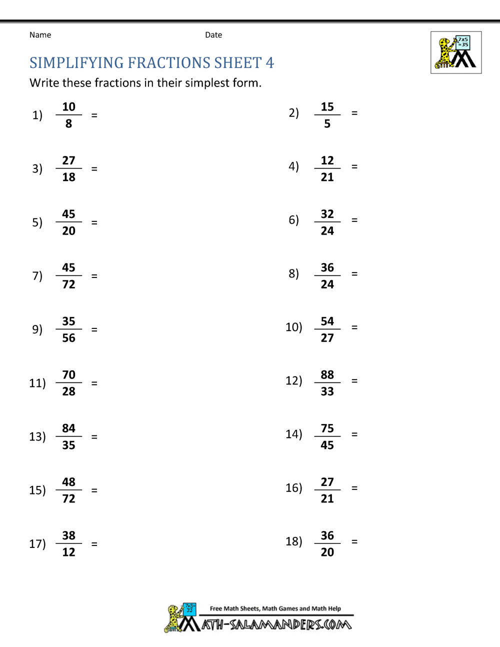 Simplifying Fractions Worksheet