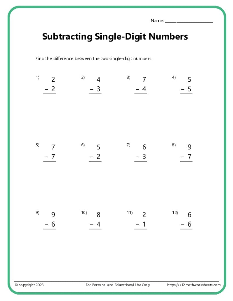 Single Digit Subtraction Worksheets K12 Math Worksheets Subtraction Worksheets Free Printable Math Drills Free Printables Lettering SVG Files Tools Apps