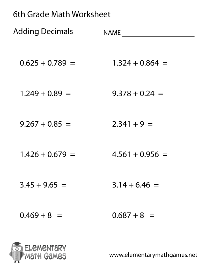 Sixth Grade Adding Decimals Worksheet Sixth Grade Adding Decimals Worksheet
