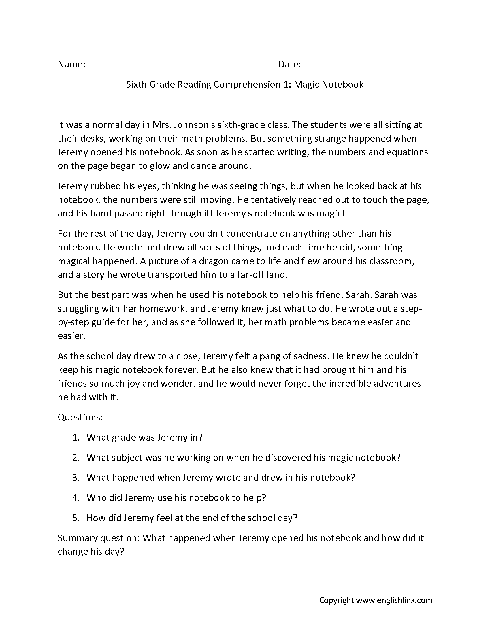 Sixth Grade Reading Comprehension Worksheets Free Printable 6th Grade Reading Passages Reading Worksheets Printable Reading Skills By Grade Topic
