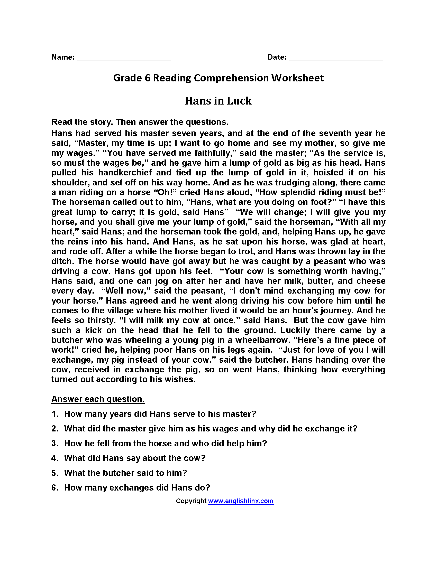 Sixth Grade Reading Worksheets Vocabulary Fluency Practice PDF Reading Worksheets Free Language Arts Printables Worksheets Library