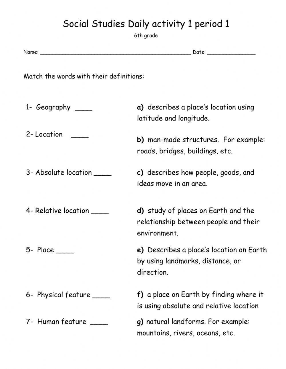 Social Studies Daily Activity 1 Period 1 Grade 6 Worksheet Worksheets Library 6th Grade Social Studies Unit 1 Worksheet WordMint Worksheets Library