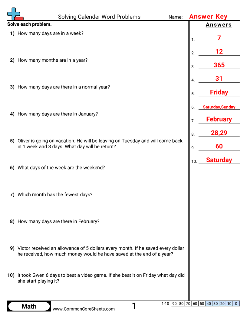 Solving Calender Word Problems Worksheet Download