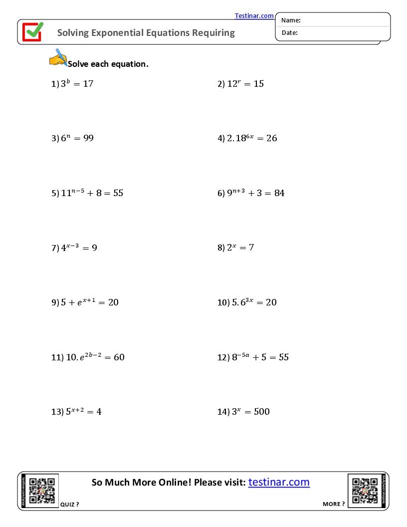 Solving Exponential Equations Requiring Logarithms Worksheets Solving Exponential Equations Requiring Logarithms Worksheets