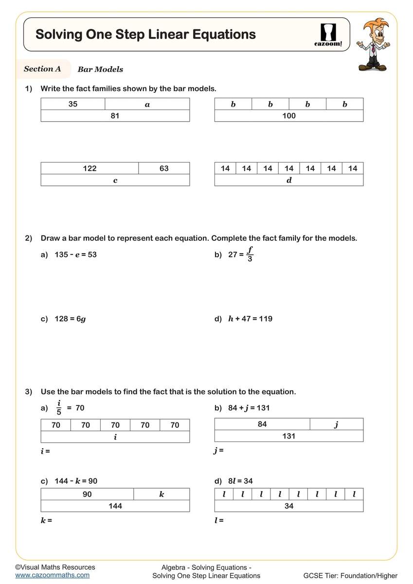 Solving One Step Linear Equations Worksheet Printable PDF Year 7 Algebra Worksheet