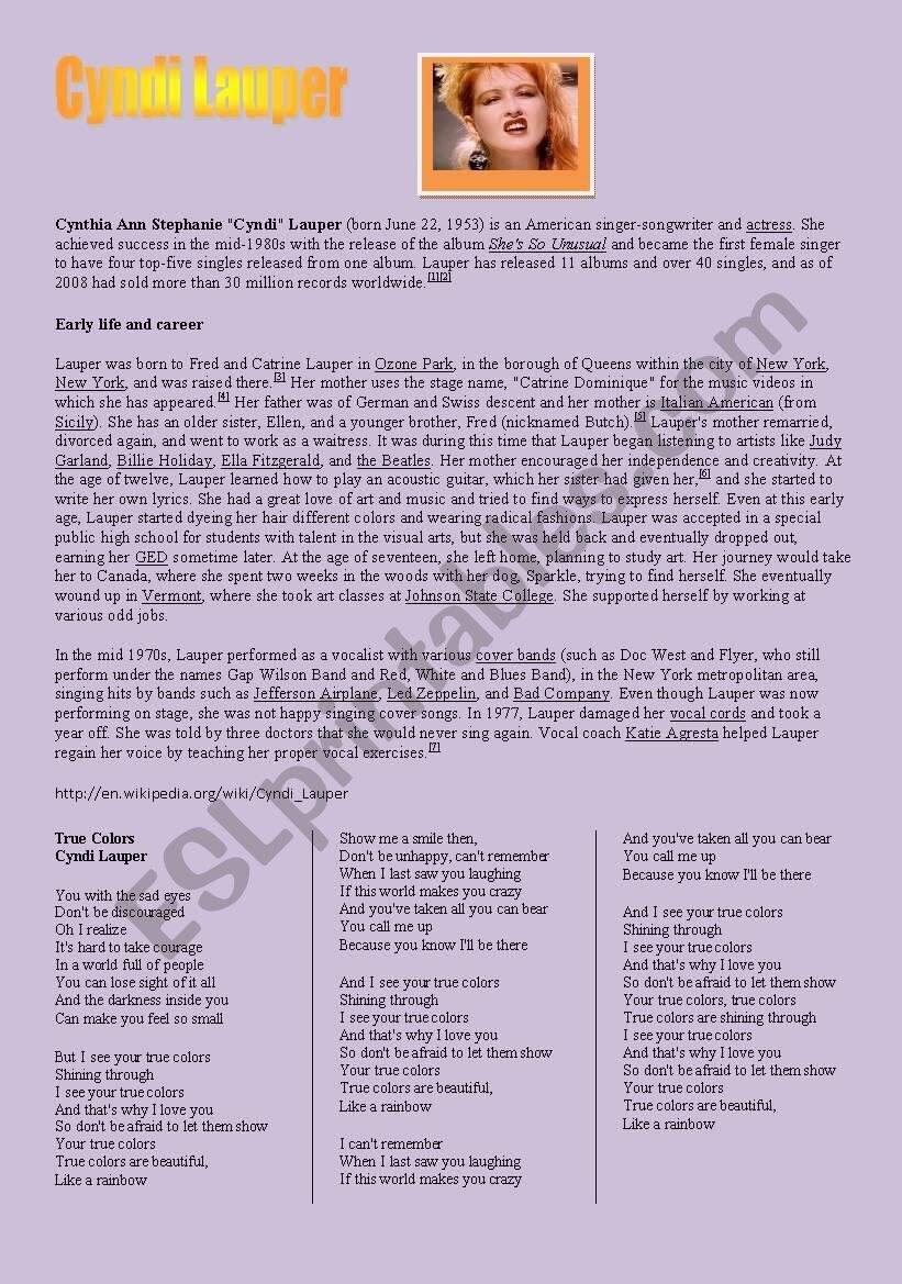 SONG Cyndi Lauper True Color ESL Worksheet By Lwymax SONG Cyndi Lauper True Color ESL Worksheet By Lwymax