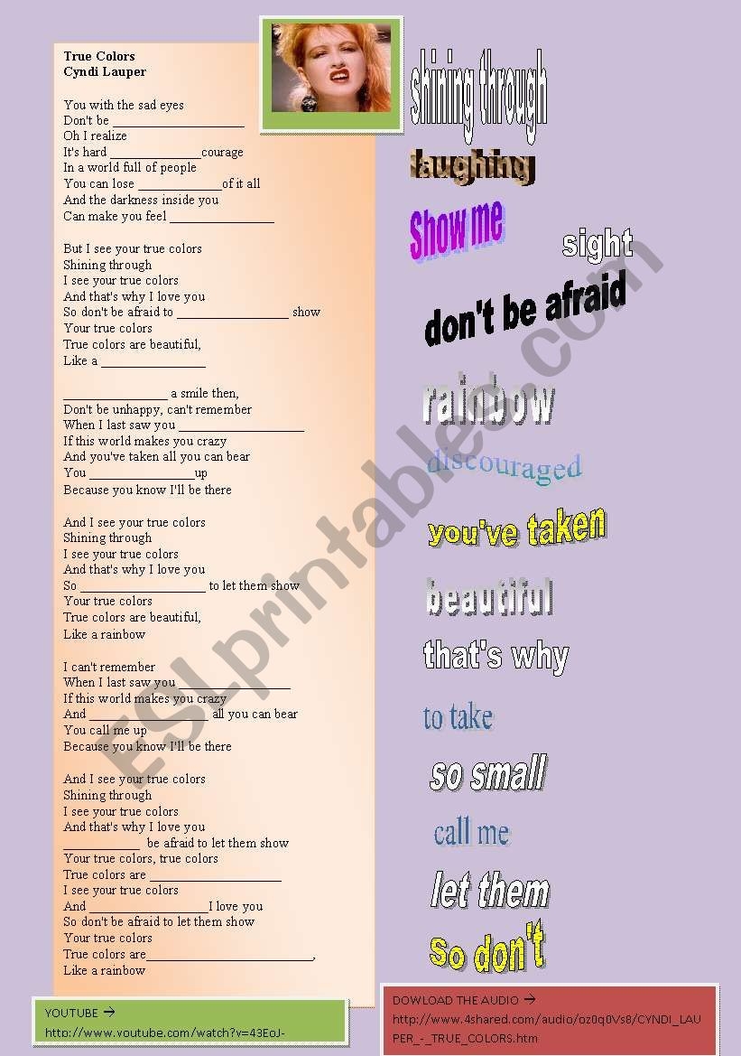 SONG Cyndi Lauper True Color ESL Worksheet By Lwymax