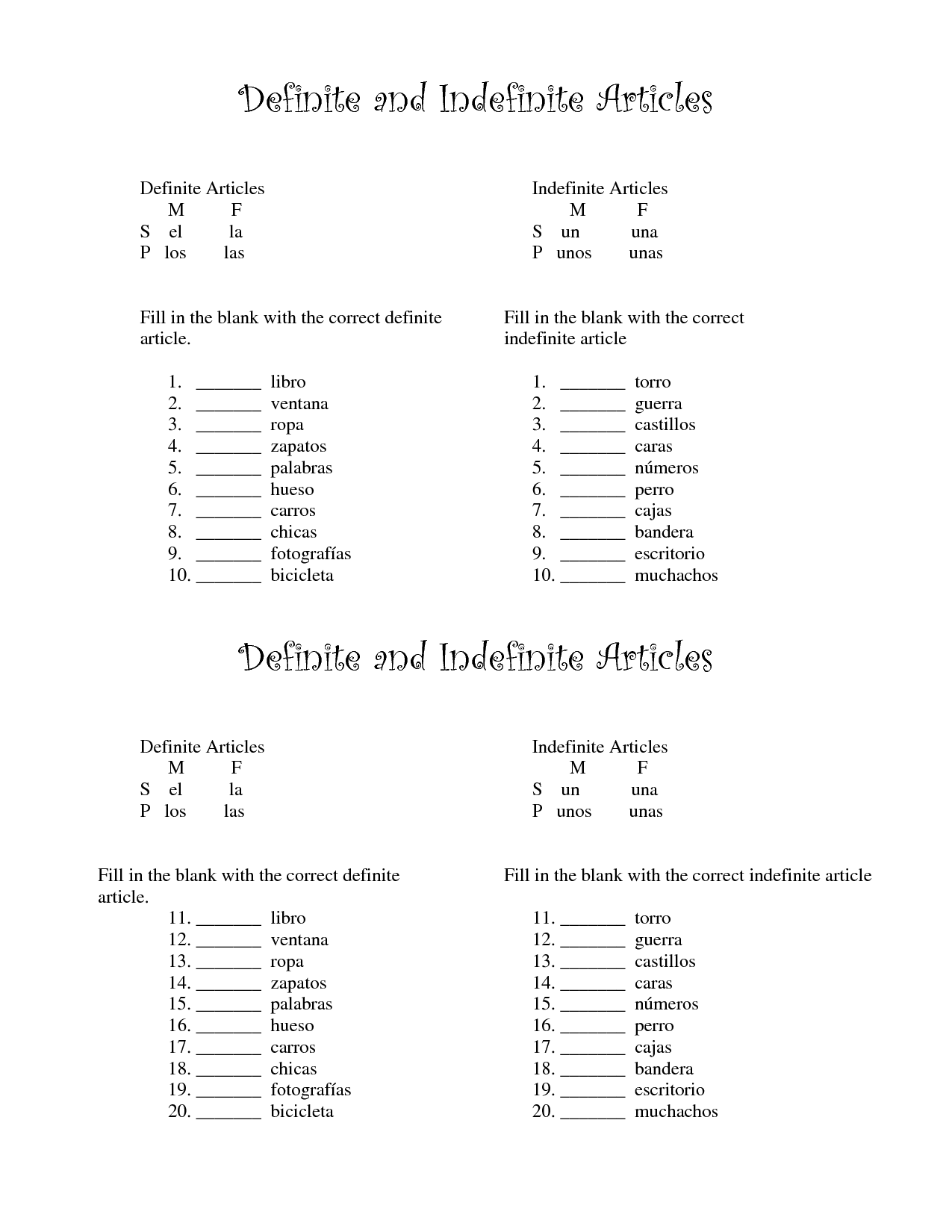 Spanish 1 Worksheets Definite And Indefinite Articles In Spanish Worksheets Library