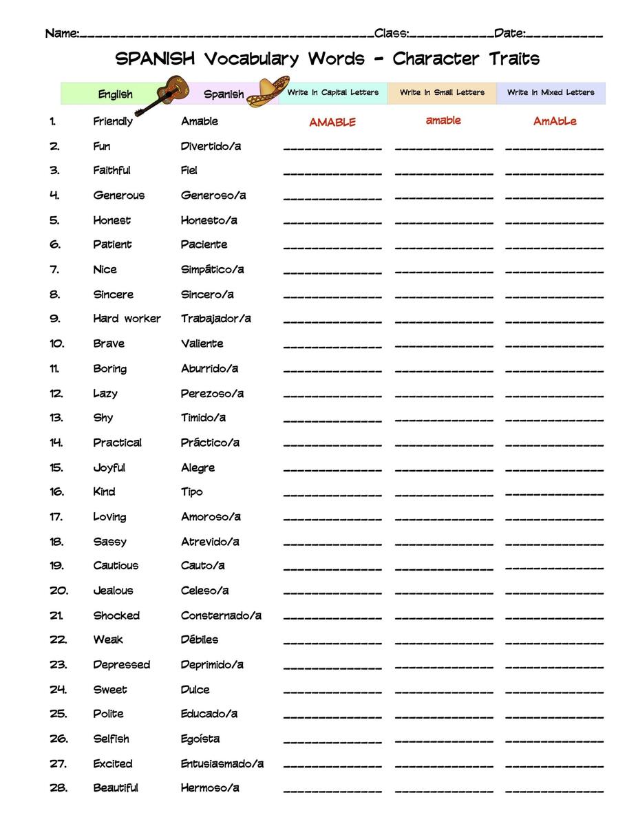Spanish Character Traits Vocabulary Word List Column Worksheet Made By Teachers Spanish Self Esteem Worksheet Mis Fortalezas My Strengths Worksheet