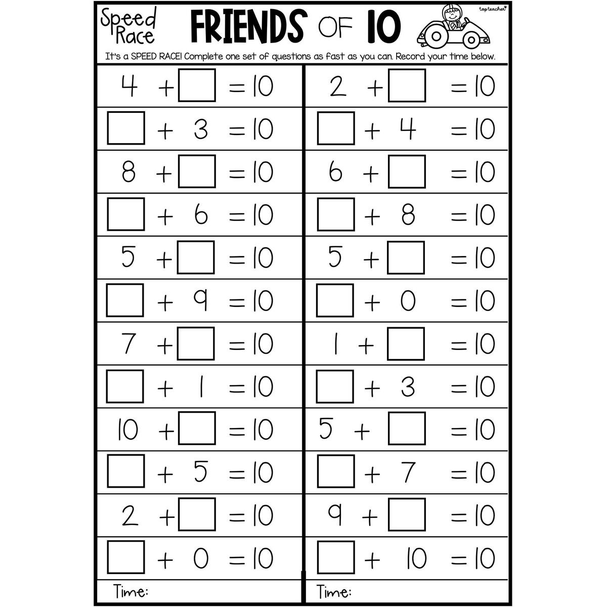 Speed Race Friends Of Ten Worksheet Top Teacher