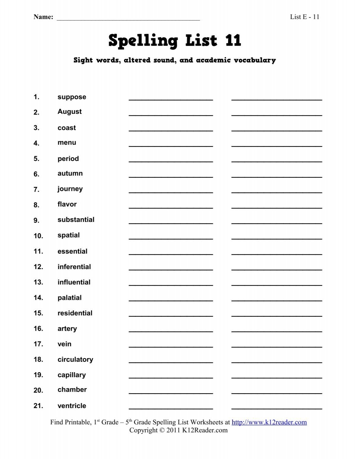 Spelling Word List E 11 Spelling Word List E 11