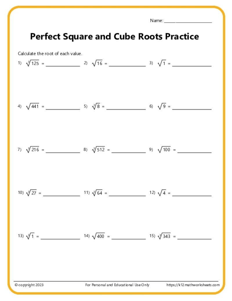 Square Roots Cube 4th 5th 6th Roots K12 Math Worksheets Square Roots Worksheets