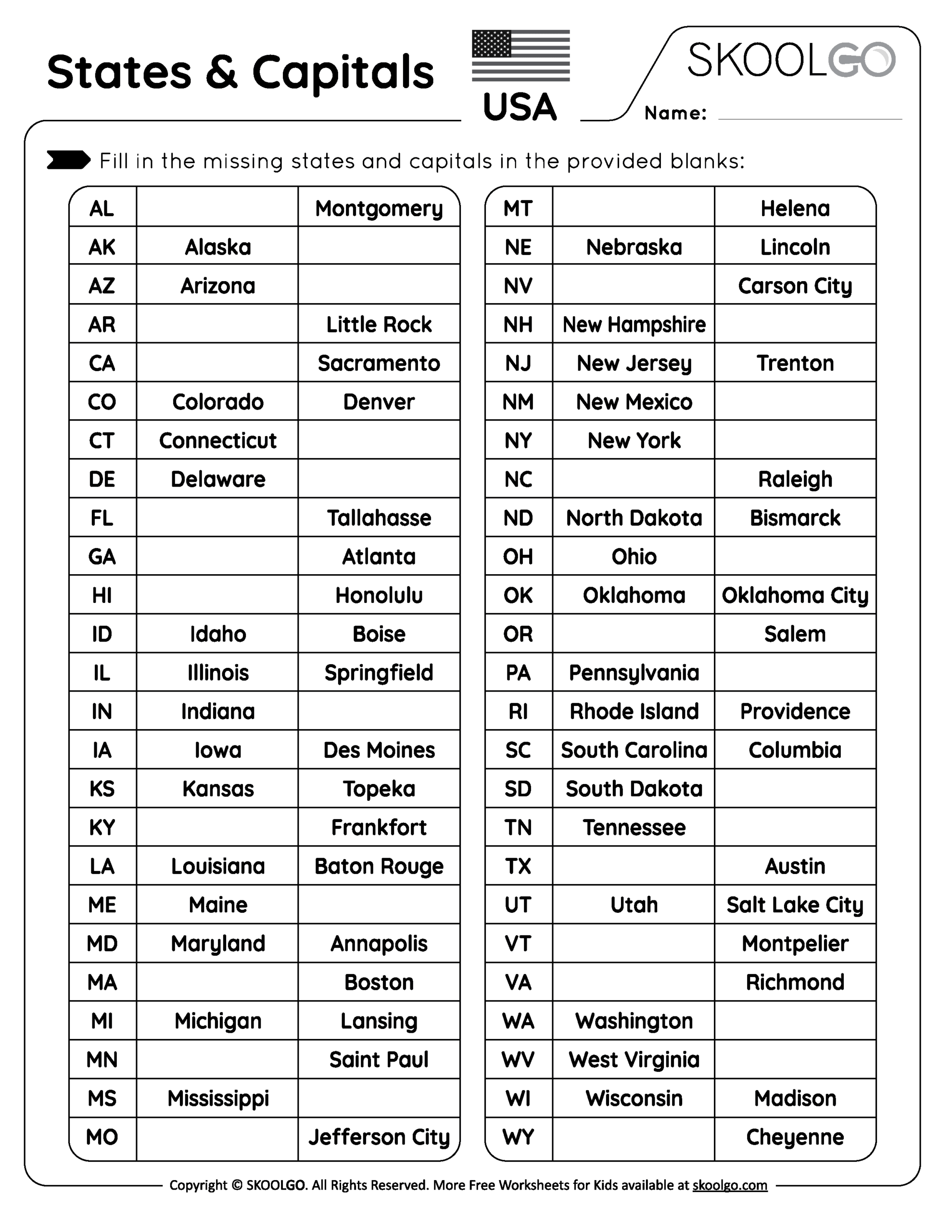 States And Capitals Free Worksheet For Kids SKOOLGO Free Printable Maps Of The United States Bundle
