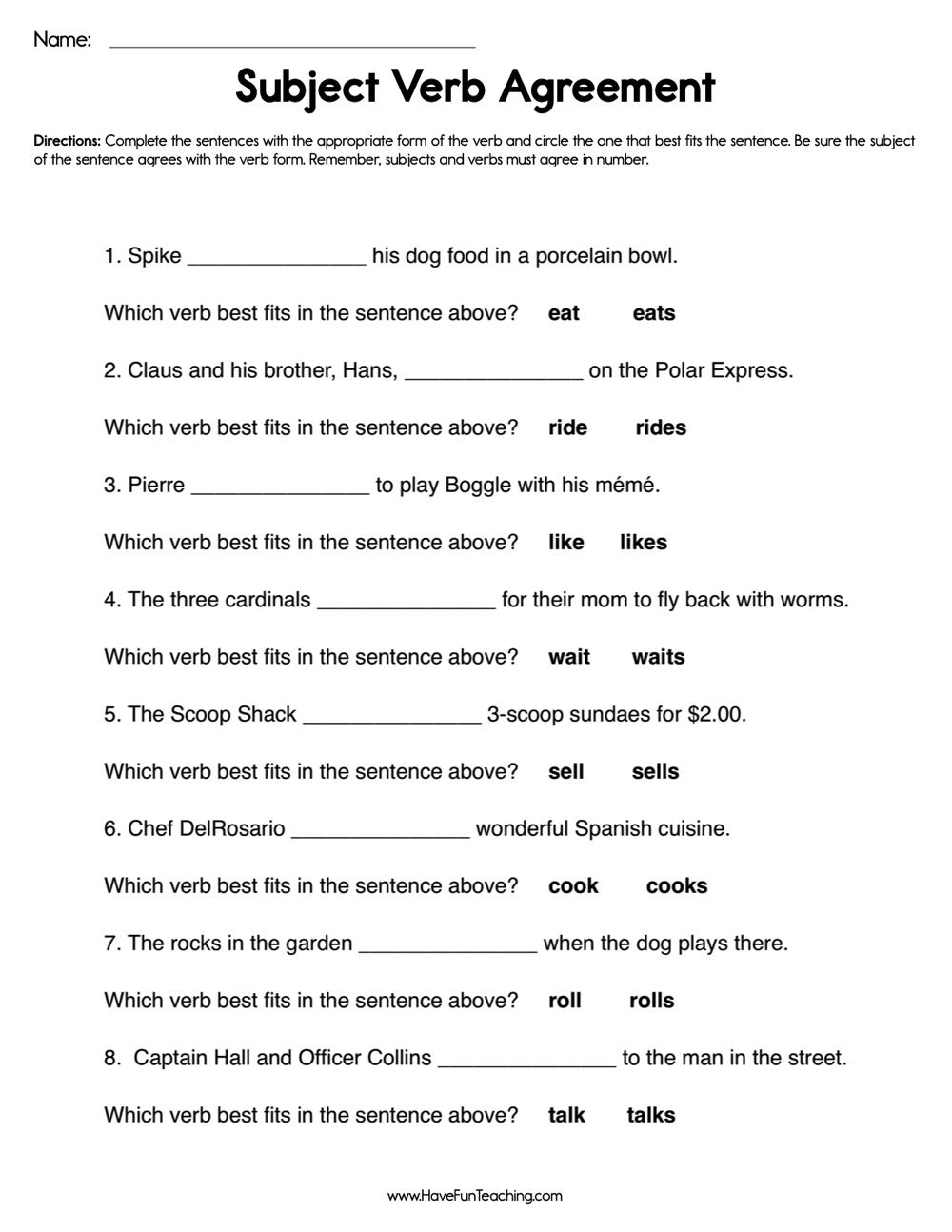 Subject Verb Agreement Worksheet Have Fun Teaching Subject Verb Agreement Worksheets And Exercises With Answers Worksheets Library