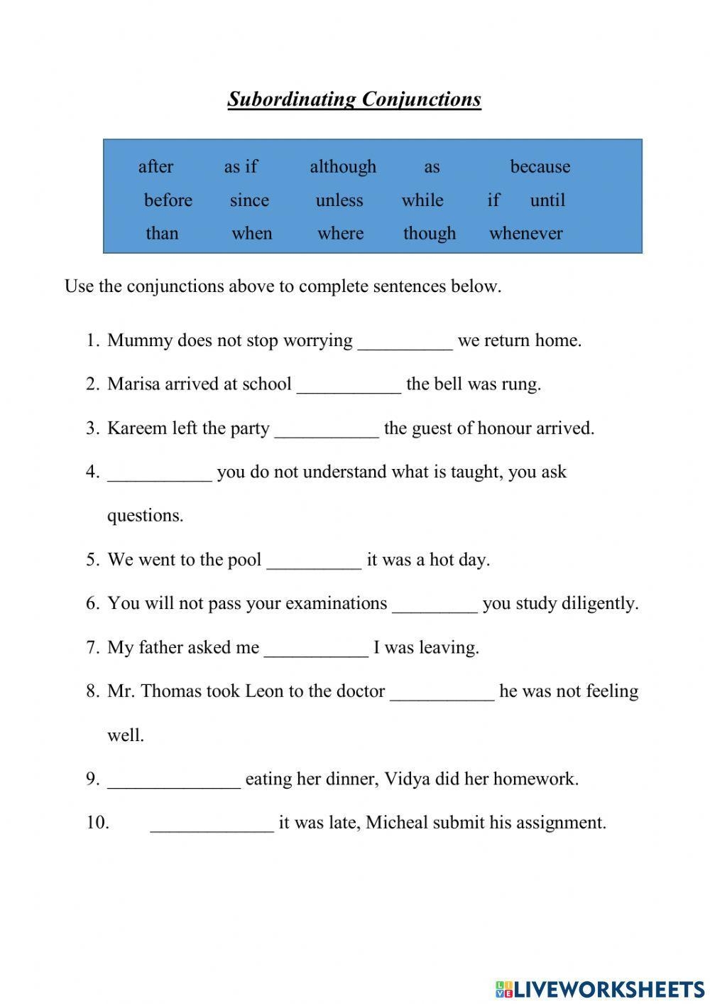 Subordinating Conjunctions Interactive Exercise Worksheets Library 6th Grade Conjunctions Worksheets Printable