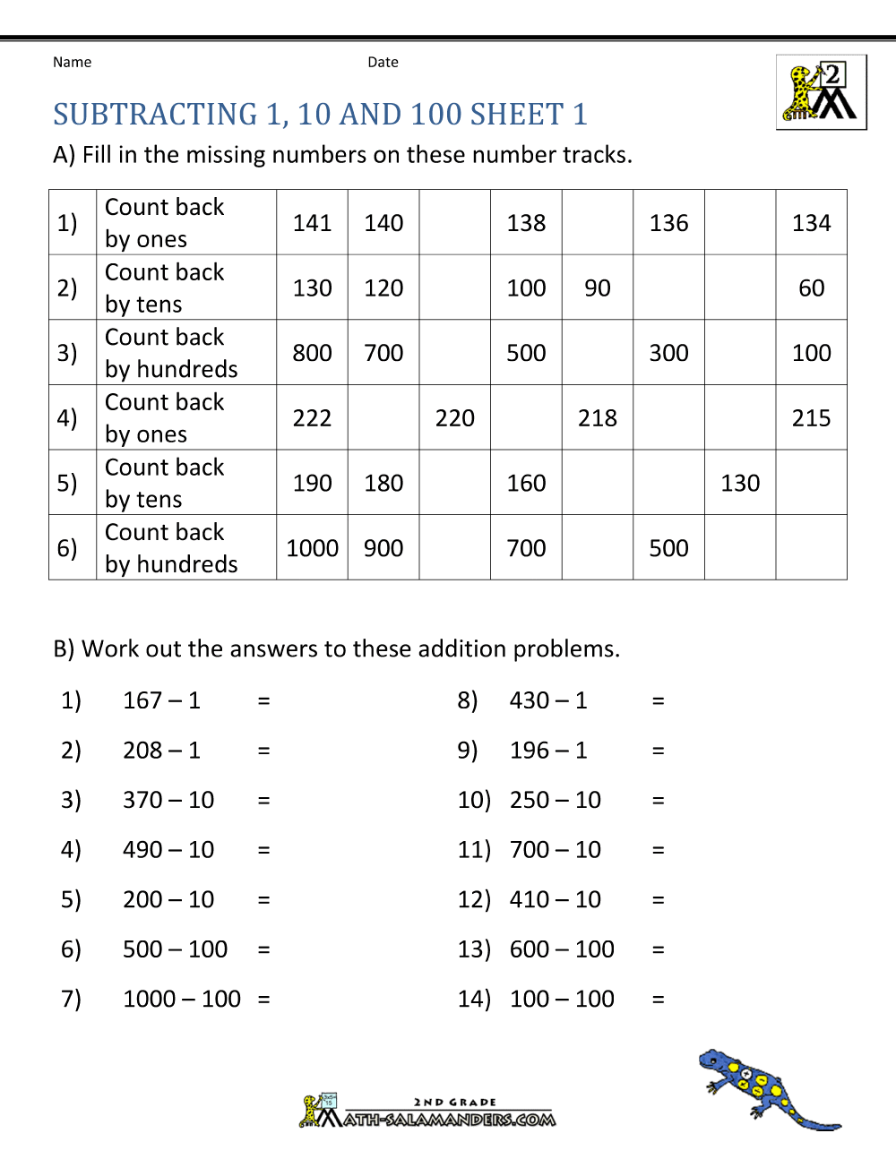 Subtract 1 10 100 Worksheets Subtract 1 10 100 Worksheets