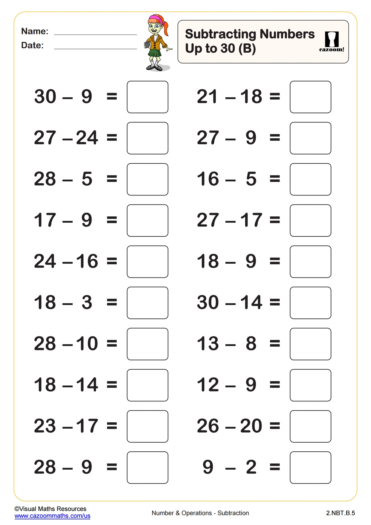 Subtracting Numbers Up To 30 B 2nd Grade PDF Number And Operations Worksheets Cazoom Math
