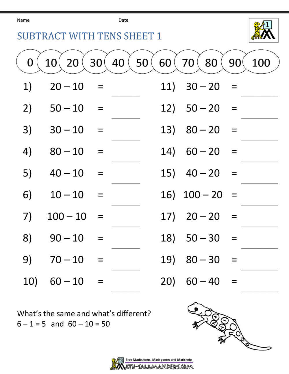 Subtracting Tens Subtracting Tens