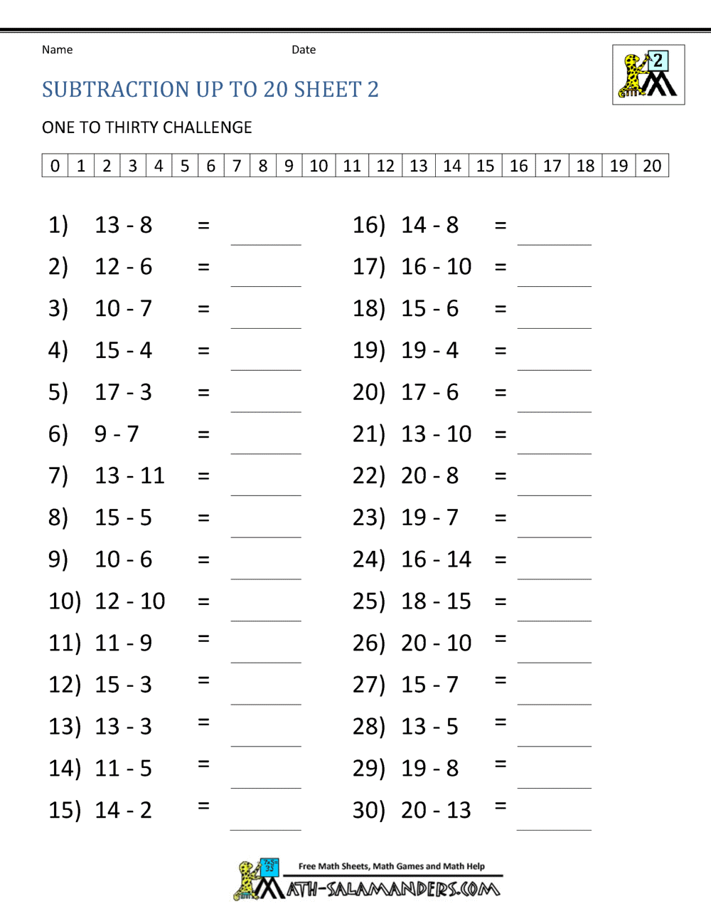 Subtraction Facts To 20 Subtraction Facts To 20
