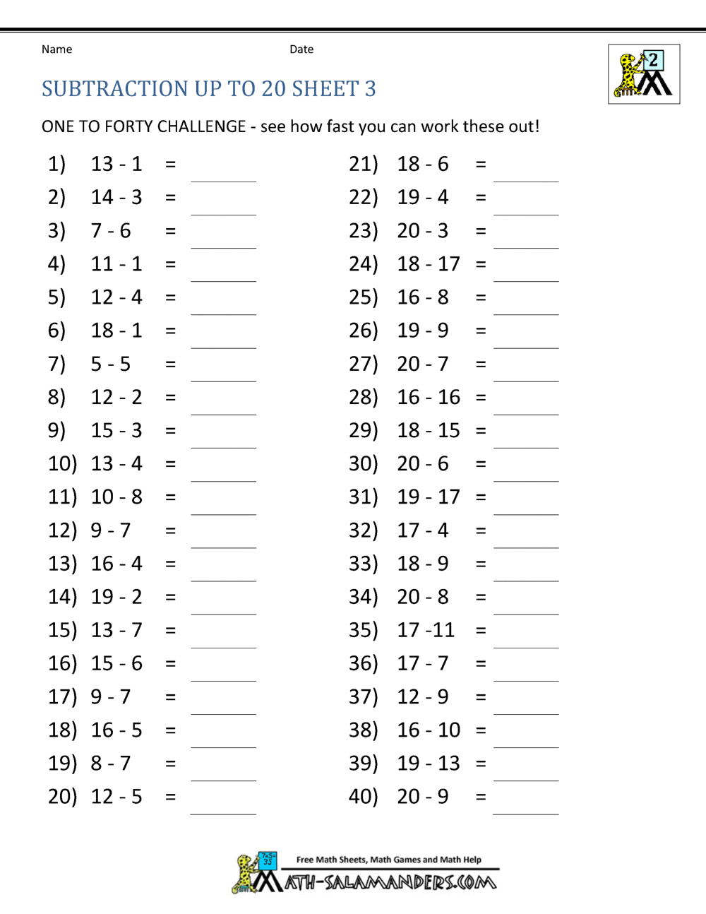 Subtraction Facts To 20 Addition Doubles Worksheets Superstar Worksheets