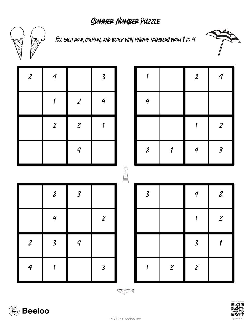 Summer Themed Sudoku Puzzles Beeloo Printable Crafts And Activities For Kids Summer Themed Sudoku Puzzles Beeloo Printable Crafts And Activities For Kids