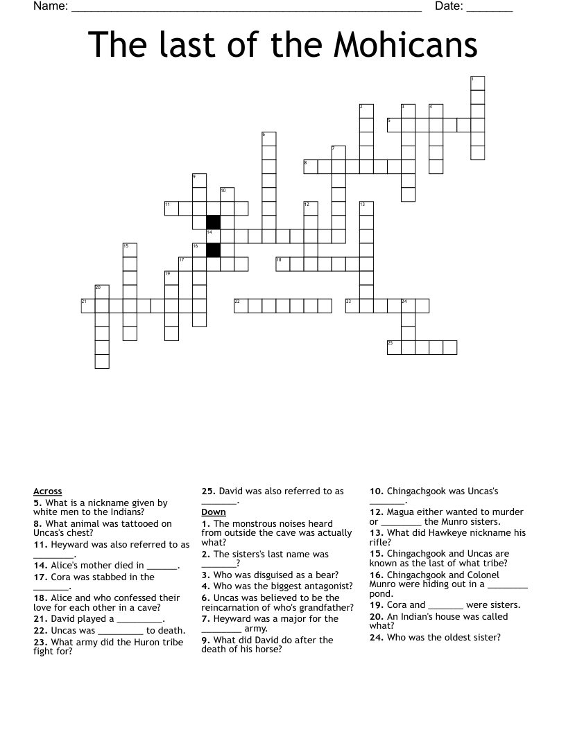 The Last Of The Mohicans Crossword WordMint