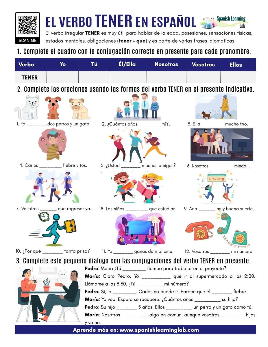 The Verb TENER In Spanish PDF Worksheet Spanish Learning Lab Spanish Tener Conjugation Translation Worksheet By Darin Carlisle