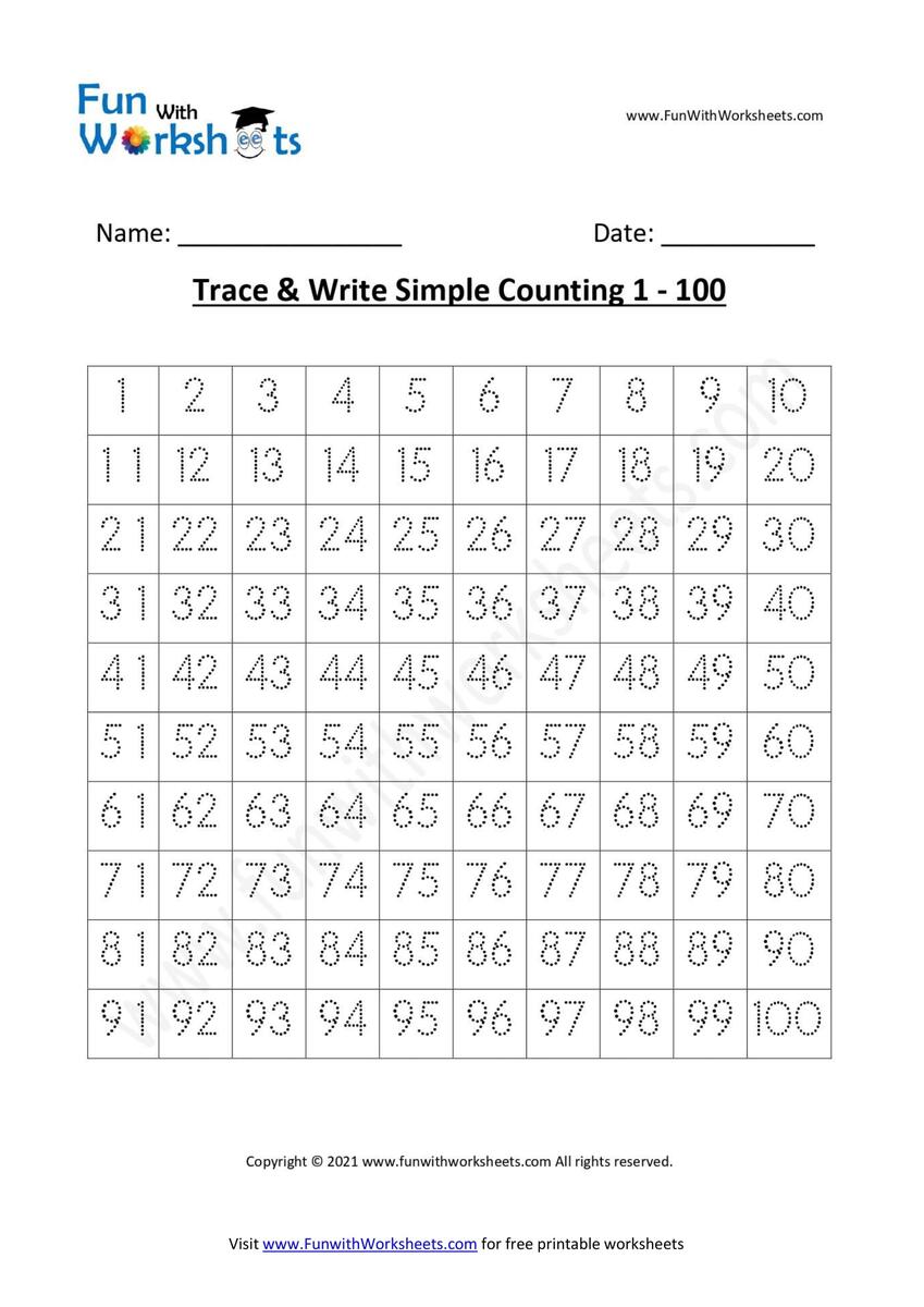 Trace And Learn Simple Counting 1 100 Funwithworksheets Worksheets Library Trace And Learn Simple Counting 1 100 Funwithworksheets Worksheets Library