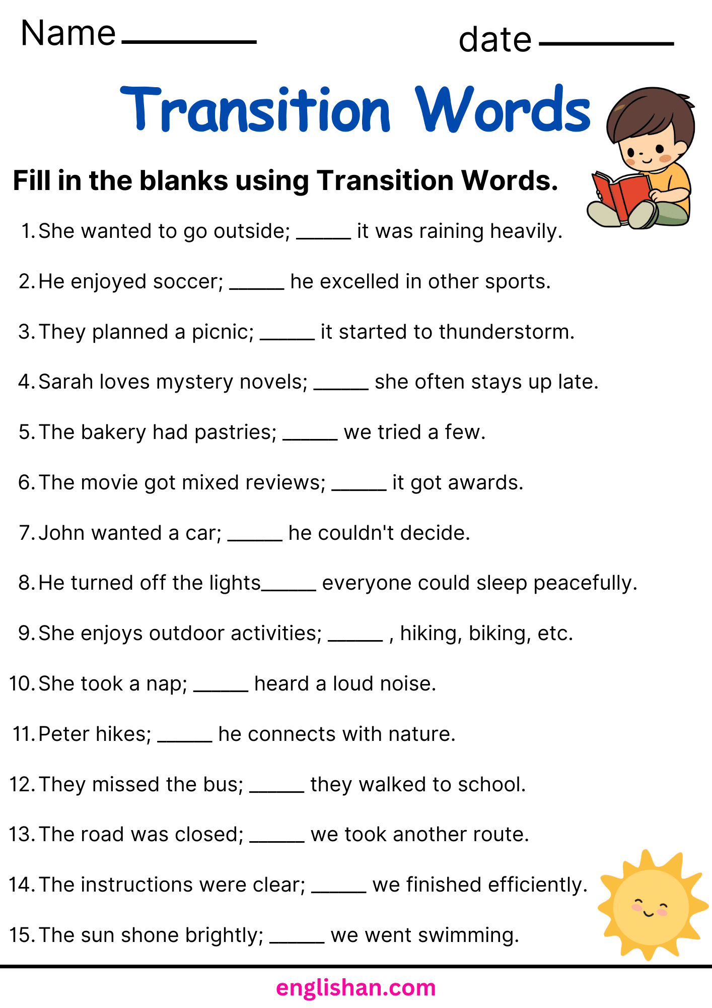 Transition Words Worksheets And Exercises With Answers Transition Words Worksheet Narrative Writing Practice