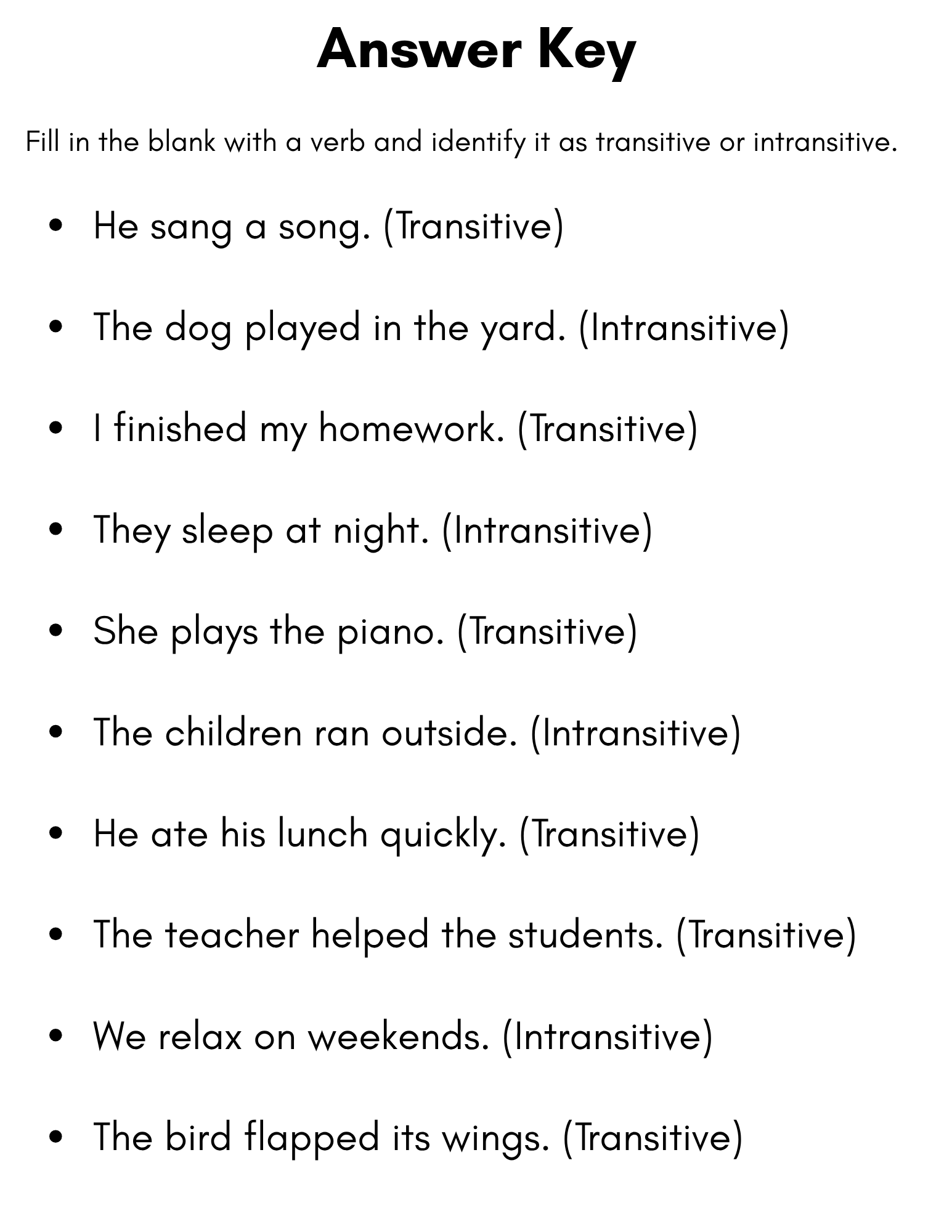 Transitive And Intransitive Verbs Exercises With Answers Made By Teachers Transitive And Intransitive Verbs Exercises With Answers Made By Teachers