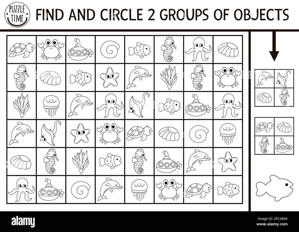 Under The Sea Black And White Seek And Find Game With Traditional Symbols Attention Skills Training Puzzle Ocean Printable Line Activity For Kids W Stock Vector Image Art Alamy