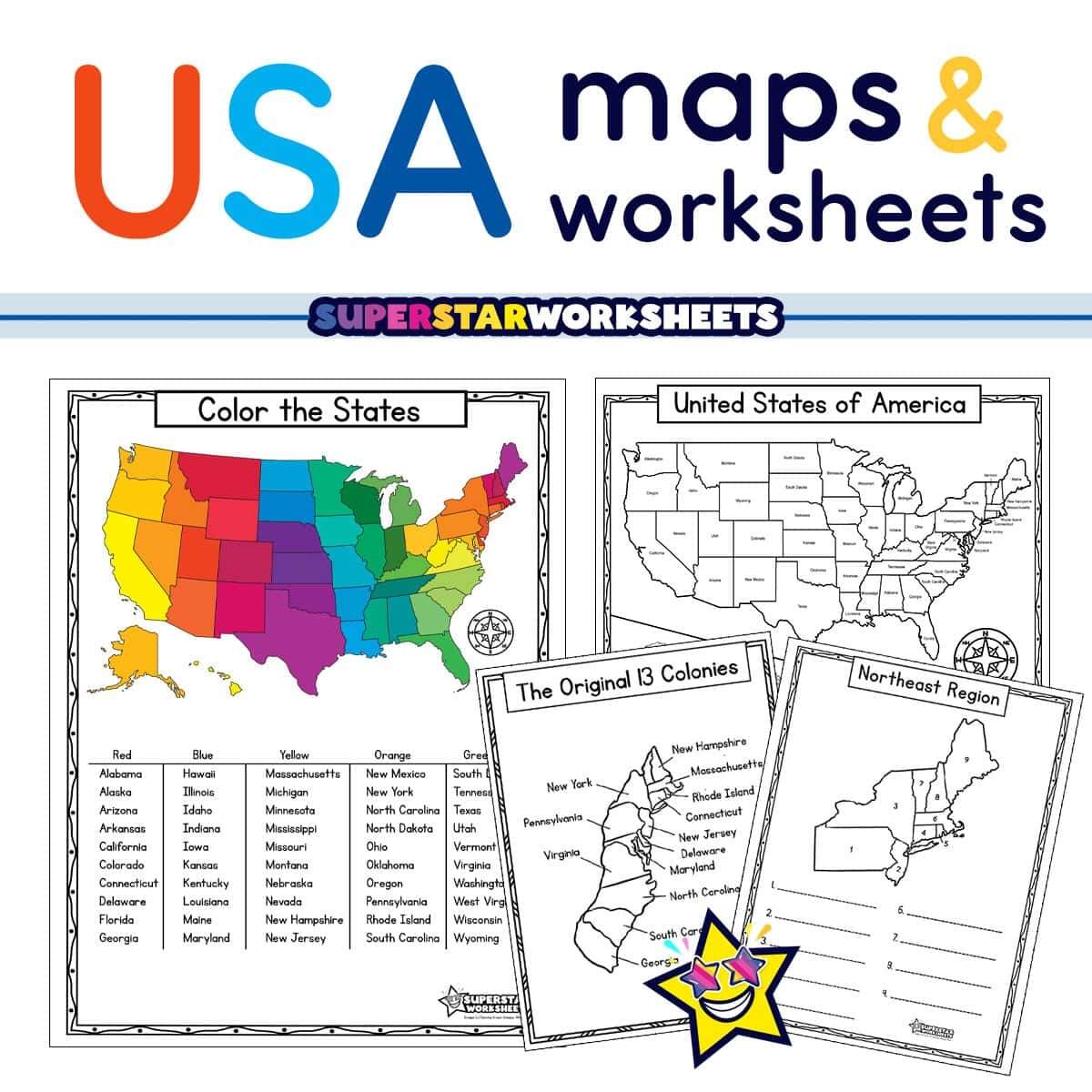 USA Map Worksheets Free Printables Superstar Worksheets 13 Original Colonies Map Bundle Free Printable Worksheets