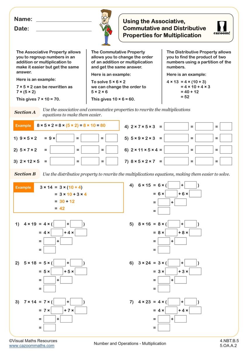 Using The Associative Commutative And Distributive Properties For Multiplication Worksheet Printable PDF 4th And 5th Grade Number Operations Worksheet Cazoom Math