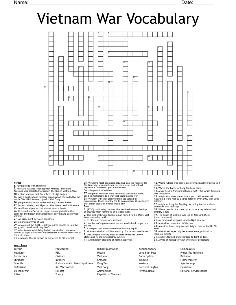 Vietnam War Vocabulary Crossword WordMint Vietnam War Vocabulary Crossword WordMint