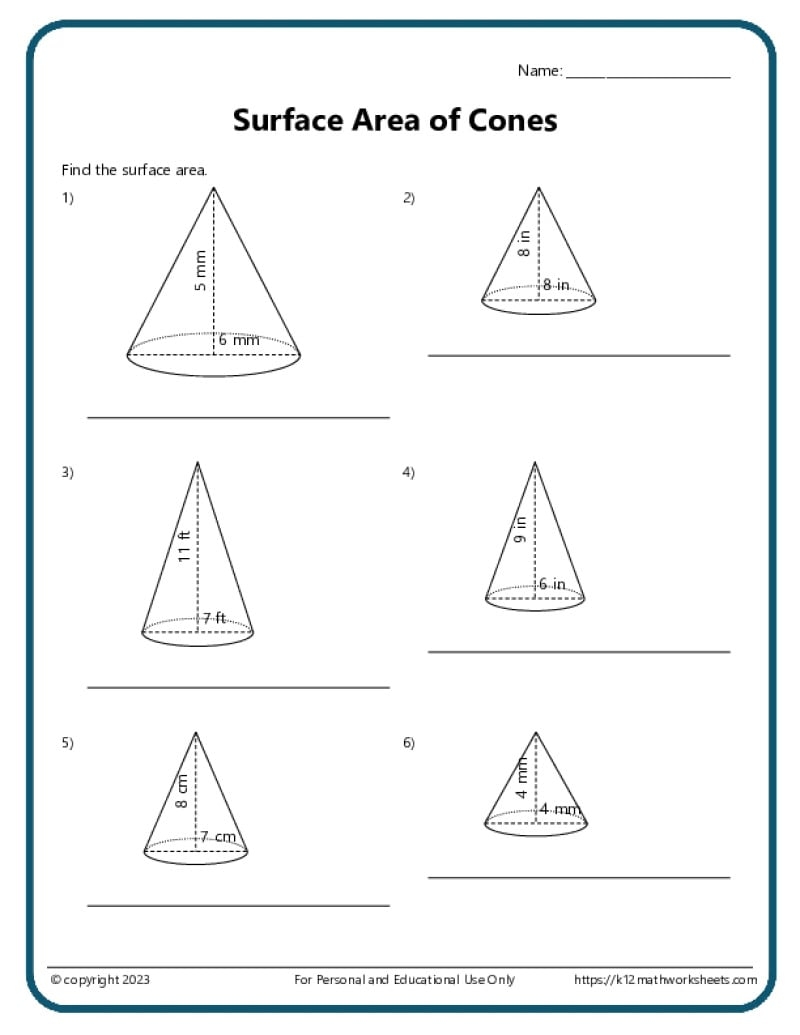 Volume And Surface Area Of Cones K12 Math Worksheets
