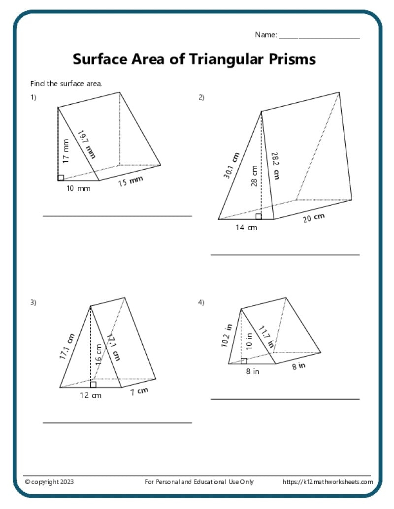 Volume And Surface Area Of Triangular Prisms K12 Math Worksheets