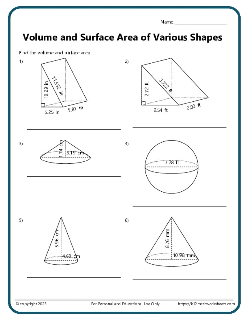 Volume And Surface Area Of Various Shapes K12 Math Worksheets Volume And Surface Area Of Various Shapes K12 Math Worksheets