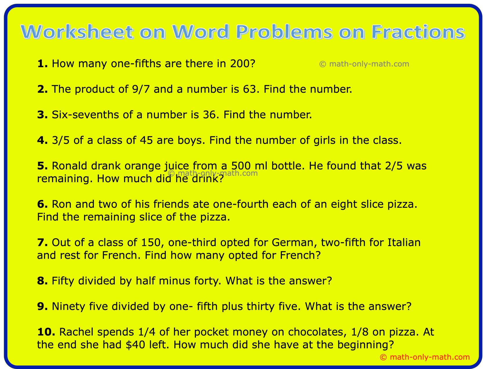 Worksheet On Word Problems On Fractions Fraction Word Problems Ans Word Problems Of Fractions Worksheets Math Worksheets MathsDiary