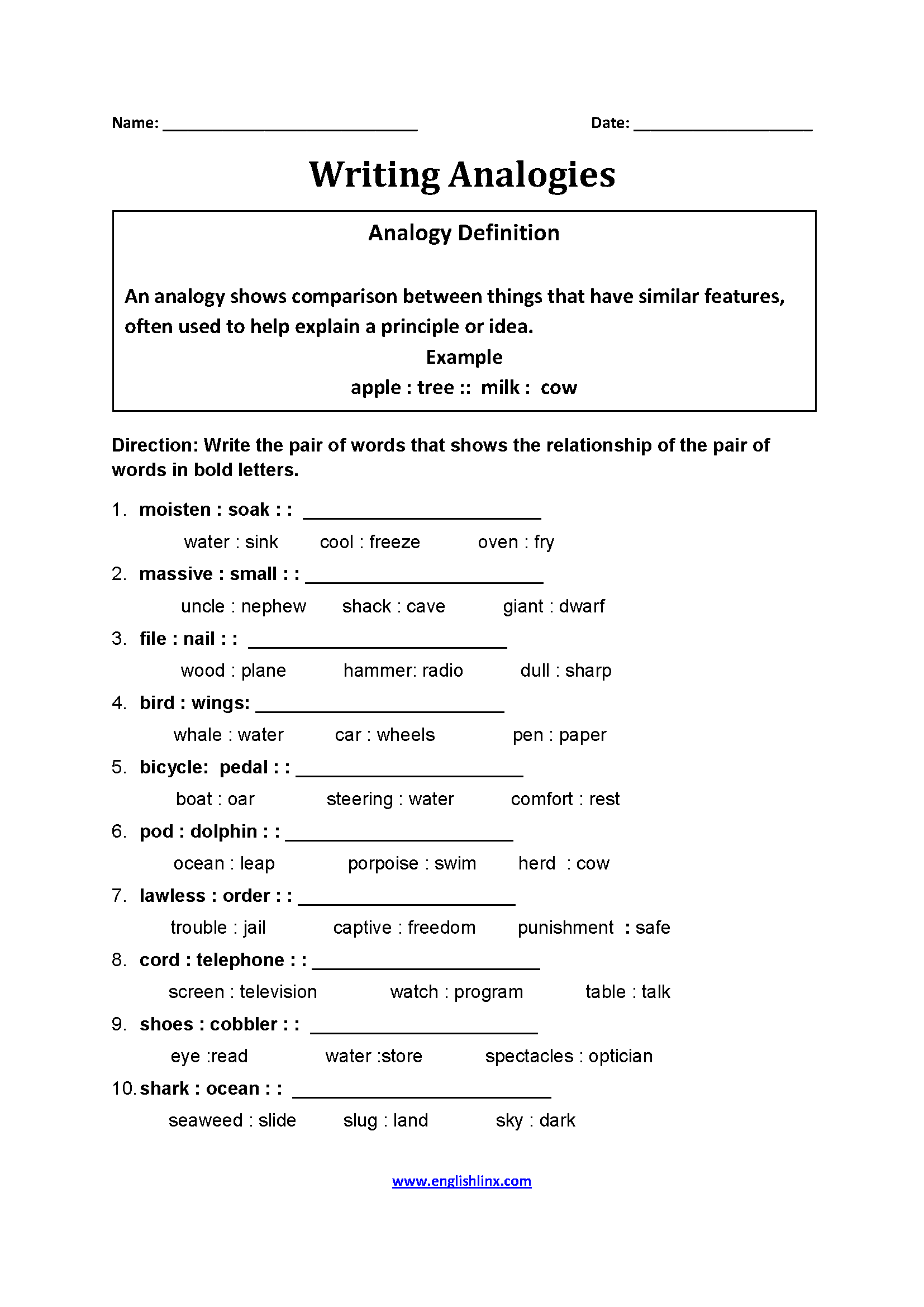 Circling Analogies Word Relationship Worksheet Practice