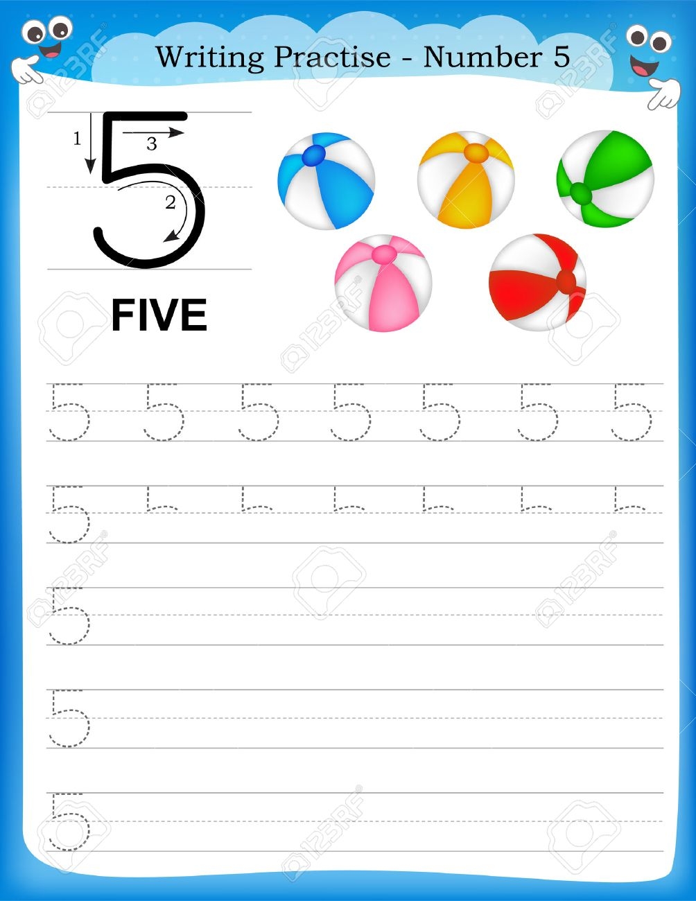 Writing Practice Number Five Printable Worksheet For Preschool Kindergarten Kids To Improve Basic Writing Skills Royalty Free SVG Cliparts Vectors And Stock Illustration Image 44302003 Number 5 Tracing Worksheets Free Printables Teach Prints