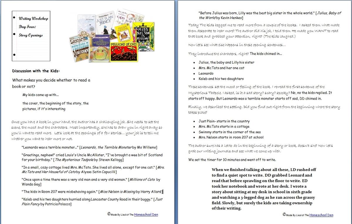Writing Workshop Mini Lessons Day 4 Story Openings Homeschool Den Storyboard That Story Elements Worksheet Creator