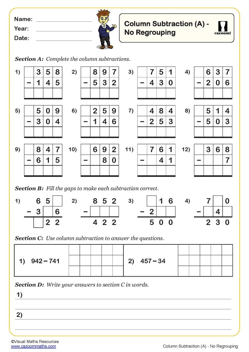 Written Methods Subtraction Worksheets Printable Subtraction Three Digit Numbers Worksheets PDF And Free Samples Downloads Cazoom Maths